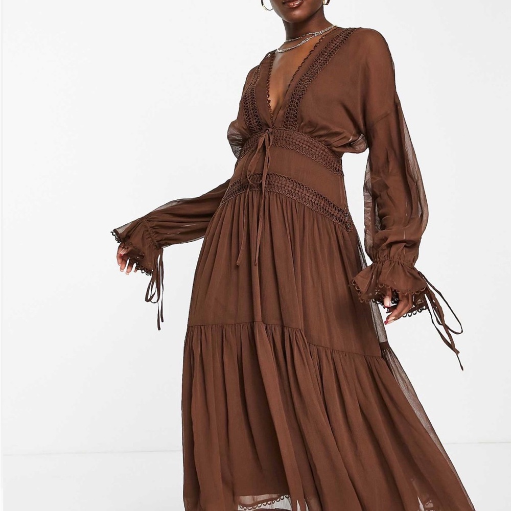 Brown V-Neck Midi Dress with Crochet Trim